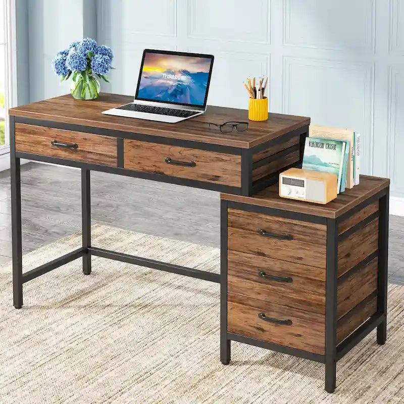 Bureau d'ordinateur à 5 tiroirs, bureau d'étude avec caisson de rangement réversible pour bureau à domicile