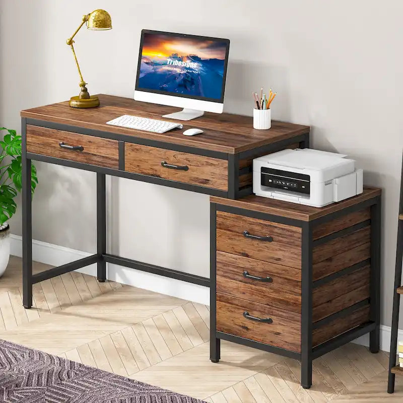 Bureau d'ordinateur à 5 tiroirs, bureau d'étude avec caisson de rangement réversible pour bureau à domicile