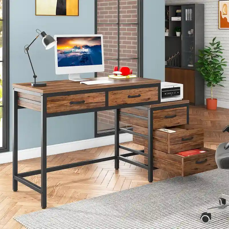 Bureau d'ordinateur à 5 tiroirs, bureau d'étude avec caisson de rangement réversible pour bureau à domicile