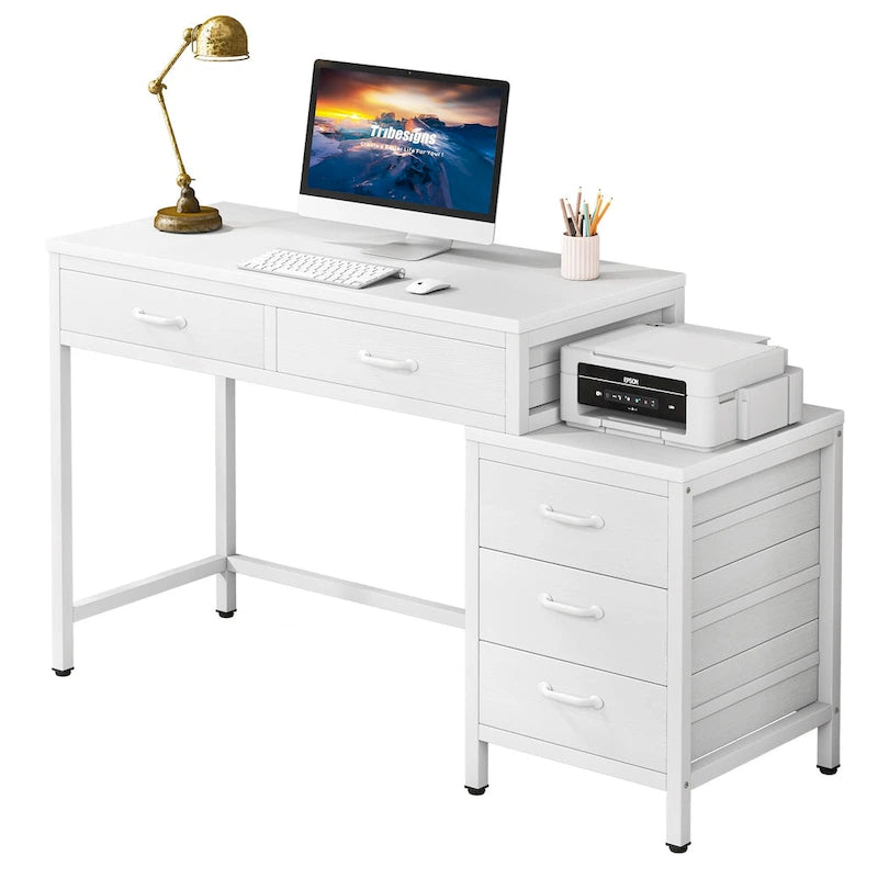 Bureau d'ordinateur à 5 tiroirs, bureau d'étude avec caisson de rangement réversible pour bureau à domicile