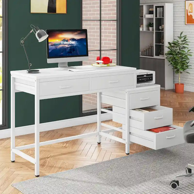 Bureau d'ordinateur à 5 tiroirs, bureau d'étude avec caisson de rangement réversible pour bureau à domicile
