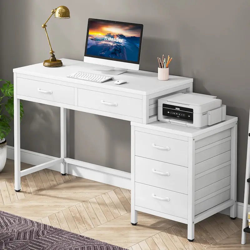Bureau d'ordinateur à 5 tiroirs, bureau d'étude avec caisson de rangement réversible pour bureau à domicile