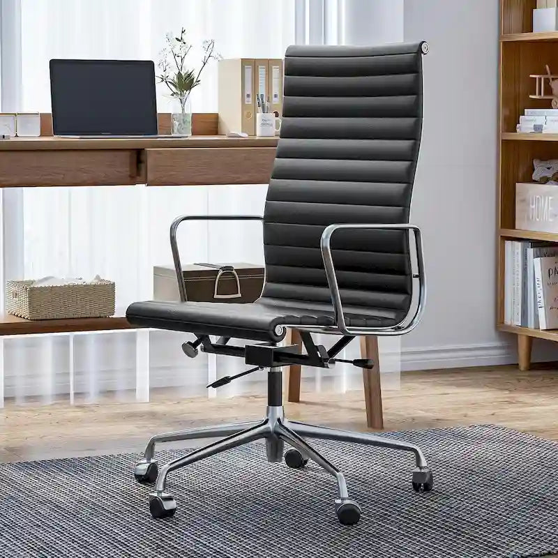 Fauteuil de bureau ergonomique à dossier haut en cuir véritable côtelé - Non disponible
