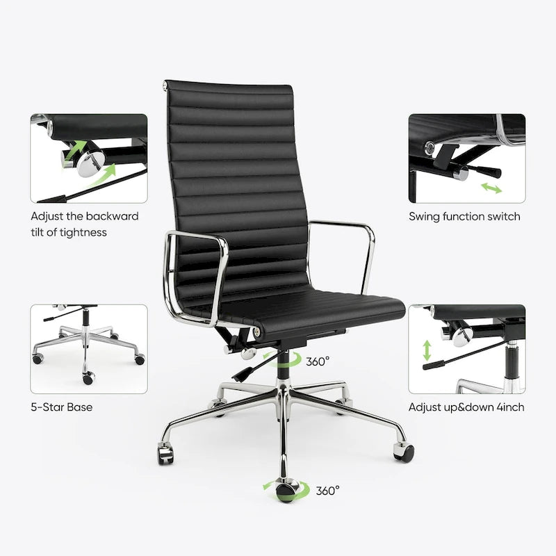 Fauteuil de bureau ergonomique à dossier haut en cuir véritable côtelé - Non disponible