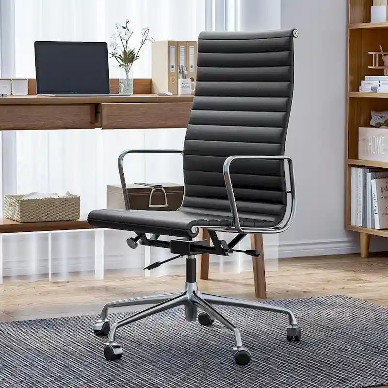 Fauteuil de bureau ergonomique à dossier haut en cuir véritable côtelé - Non disponible
