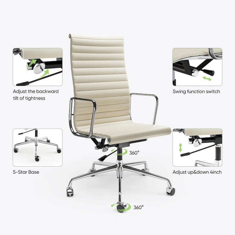Fauteuil de bureau ergonomique à dossier haut en cuir véritable côtelé - Non disponible