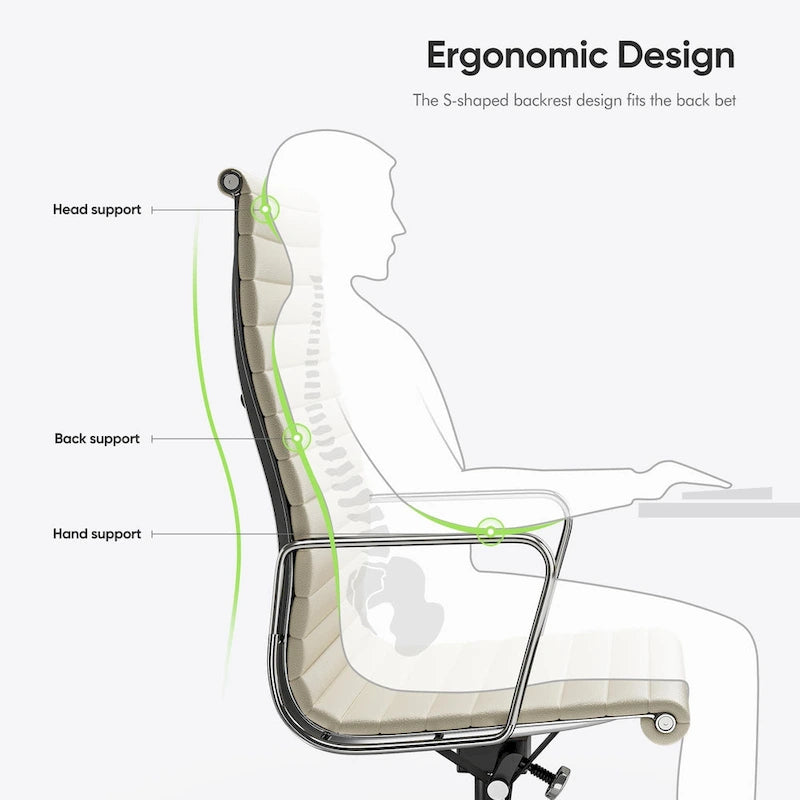 Fauteuil de bureau ergonomique à dossier haut en cuir véritable côtelé - Non disponible