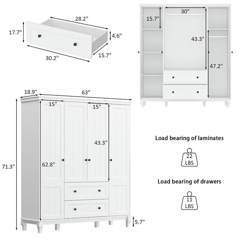 Armoire-penderie familiale en bois laqué blanc, 63W, avec tringles à vêtements