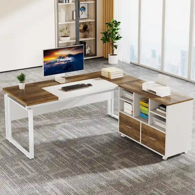 Bureau de direction en L de 63 pouces avec caisson de rangement réversible et tiroirs de rangement