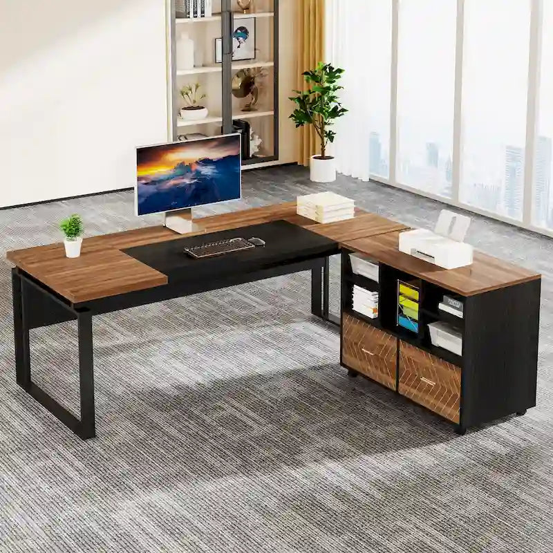 63 L-Shaped Executive Desk with Reversible File Cabinet Office Desk with Storage Drawers