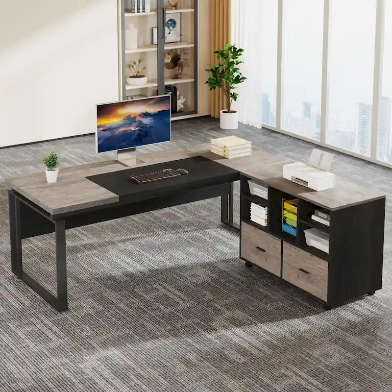 Bureau de direction en L de 63 pouces avec caisson de rangement réversible et tiroirs de rangement