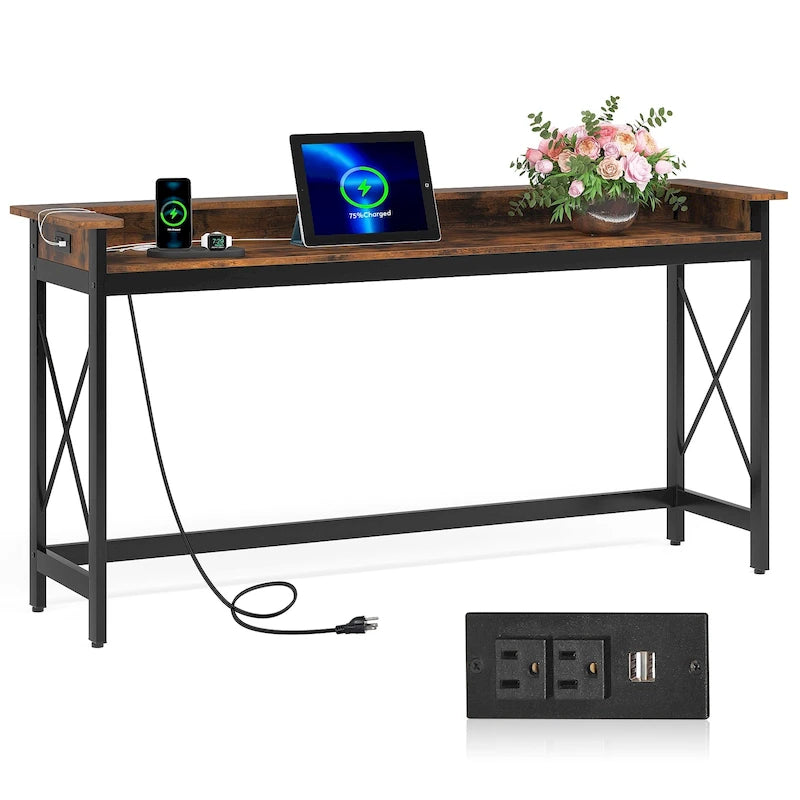 Table console d'entrée avec prises électriques et ports USB, 180 cm de long