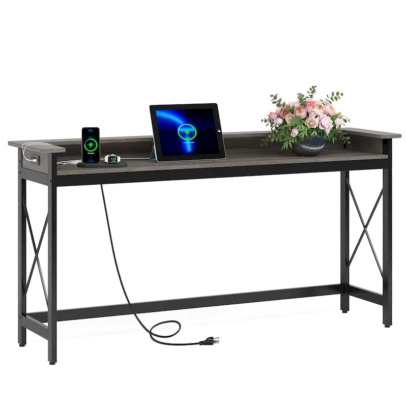 Table console d'entrée avec prises électriques et ports USB, 180 cm de long