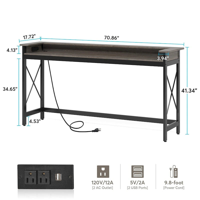 Table console d'entrée avec prises électriques et ports USB, 180 cm de long
