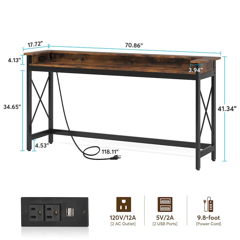 Table console d'entrée avec prises électriques et ports USB, 180 cm de long