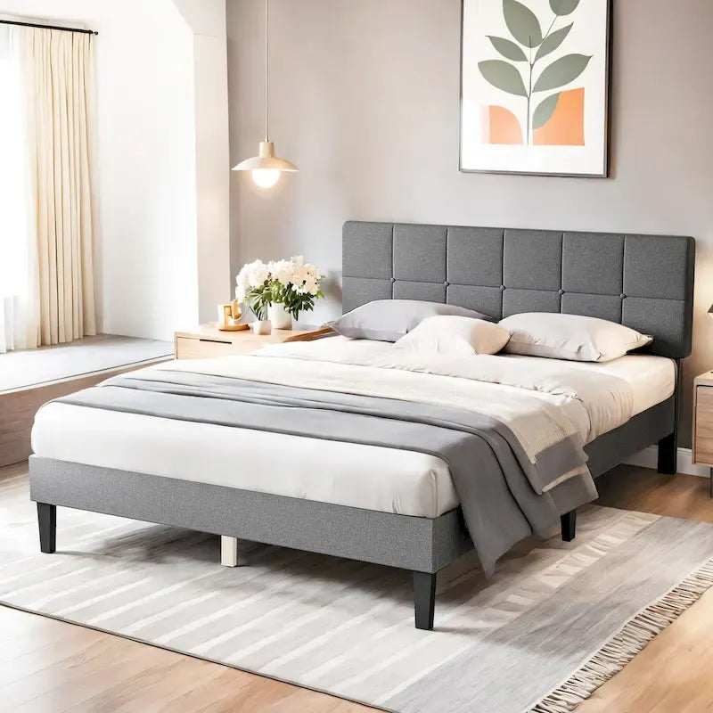 Cadre de lit plateforme Queen Size avec tête de lit rembourrée en tissu et sommier à lattes en bois, aucun sommier requis/assemblage facile