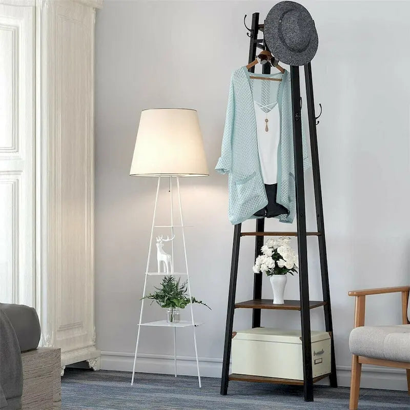 Porte-manteau sur pied à 8 crochets avec étagères de rangement - 43 x 43 x 181 cm