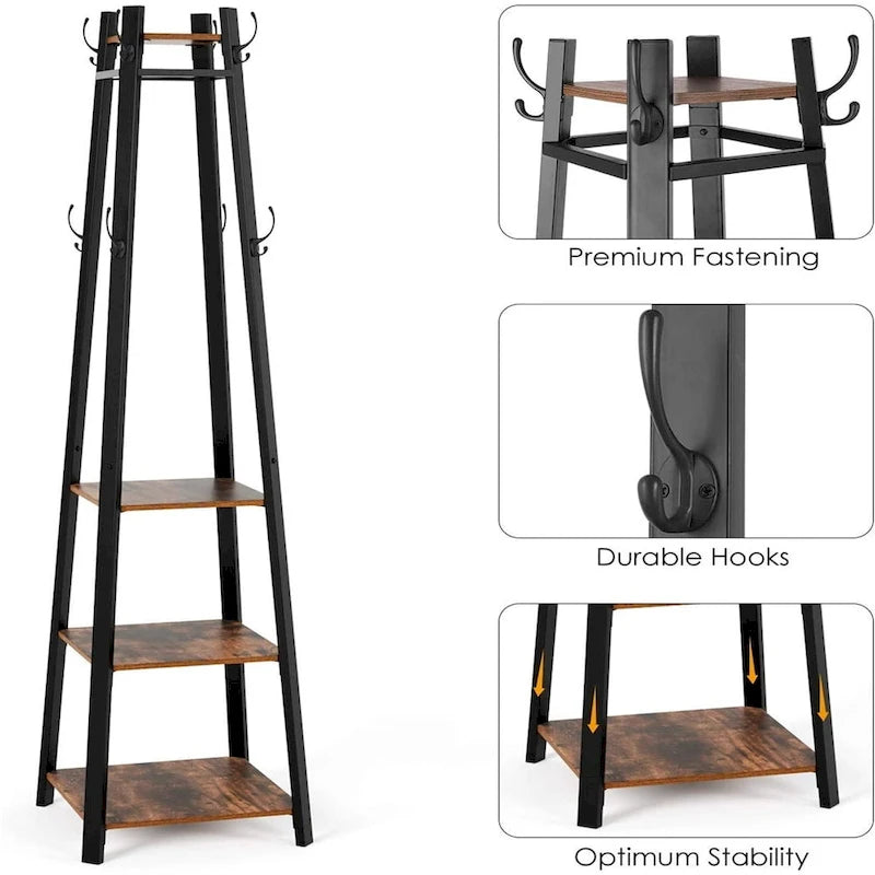 Porte-manteau sur pied à 8 crochets avec étagères de rangement - 43 x 43 x 181 cm