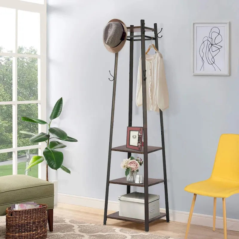 Porte-manteau sur pied à 8 crochets avec étagères de rangement - 43 x 43 x 181 cm