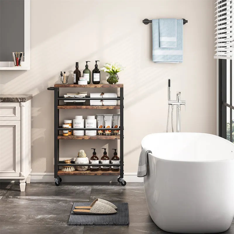 Chariot de rangement de cuisine étroit à roulettes marron, 4 niveaux, avec poignée, idéal pour les petits espaces.