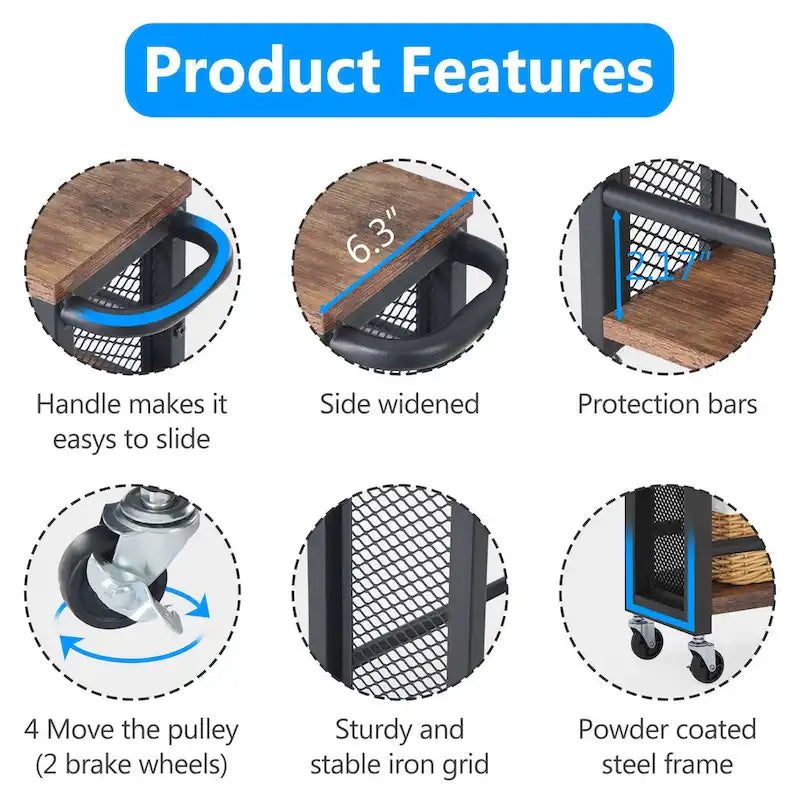 Chariot de rangement de cuisine étroit à roulettes marron, 4 niveaux, avec poignée, idéal pour les petits espaces.