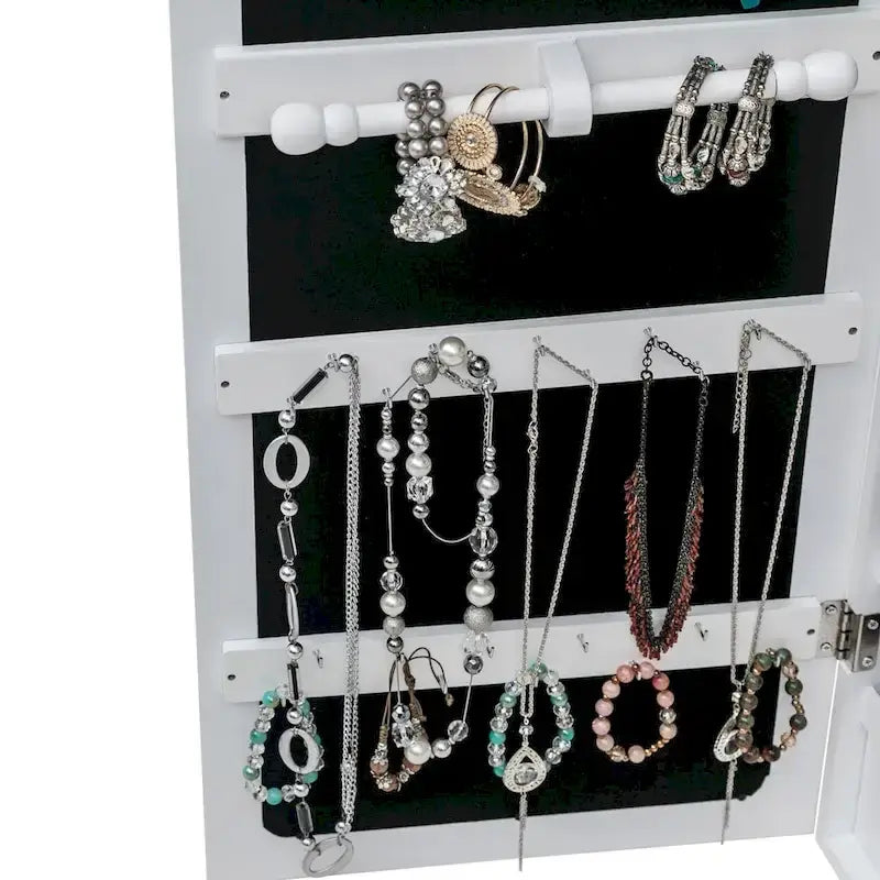 Armoire à bijoux avec miroir, étagère à 4 niveaux, 2 tiroirs et 8 lumières LED bleues