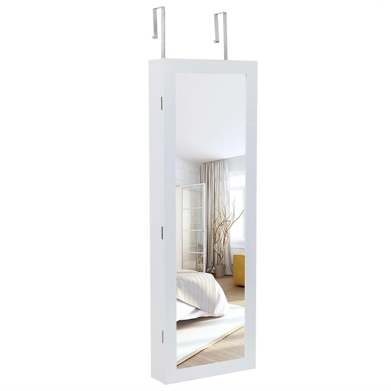 Armoire à bijoux avec miroir, étagère à 4 niveaux, 2 tiroirs et 8 lumières LED bleues