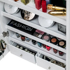 Armoire à bijoux avec miroir, étagère à 4 niveaux, 2 tiroirs et 8 lumières LED bleues