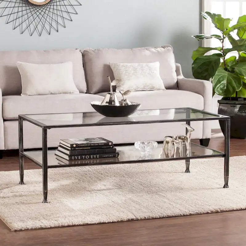 SEI Furniture Glenn Black Rectangle Metal Coffee Table with Glass Top and Bottom Shelf