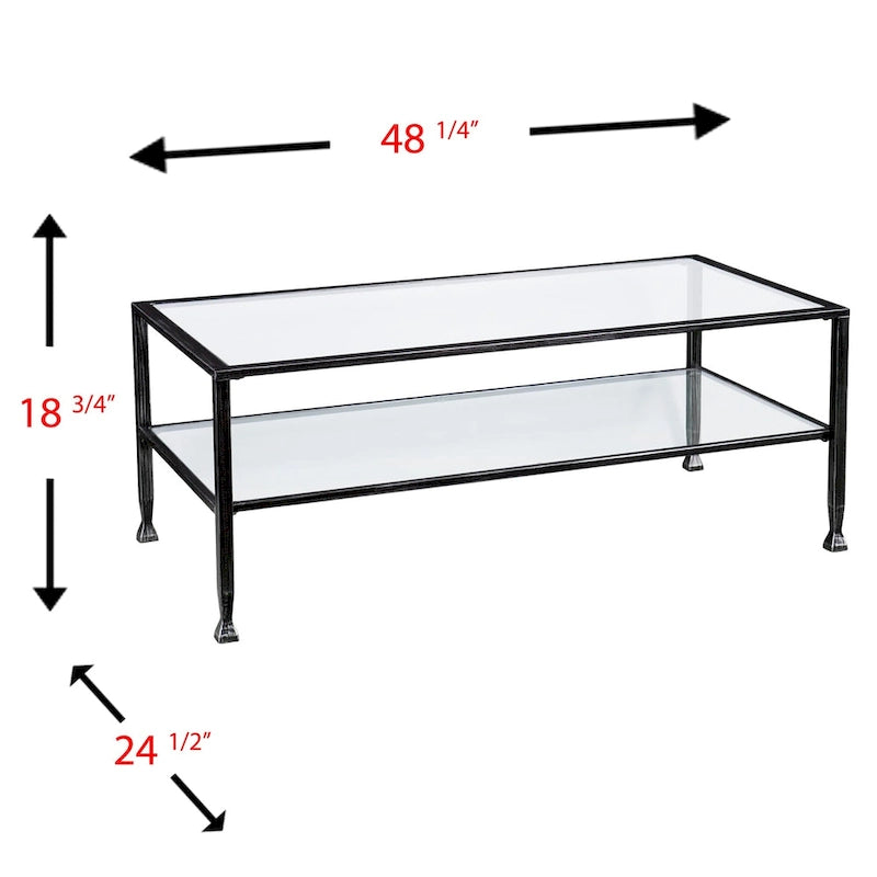 Table basse rectangulaire Glenn de SEI Furniture, en métal noir avec plateau et étagère inférieure en verre.