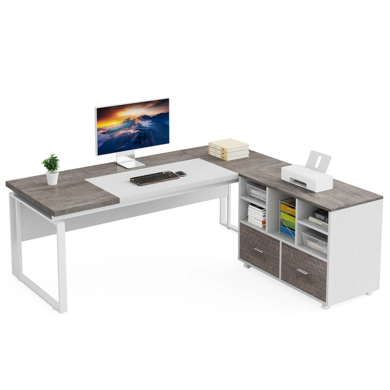 63 L-Shaped Corner Executive Computer Desk and Rolling File Cabinet Set for Home Office