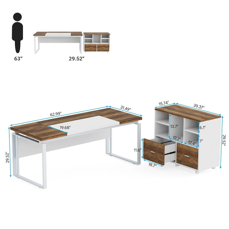 Bureau d'angle en L de 63 pouces avec caisson à roulettes pour bureau à domicile