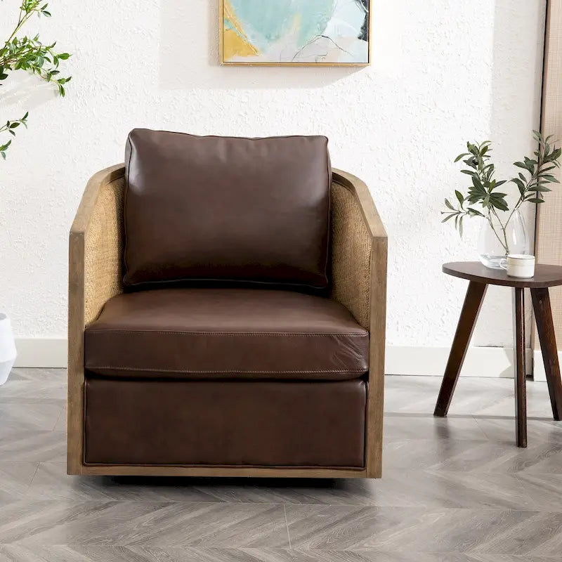 Fauteuil club rond pivotant à 360 degrés, revêtu de cuir bouclé/cuir
