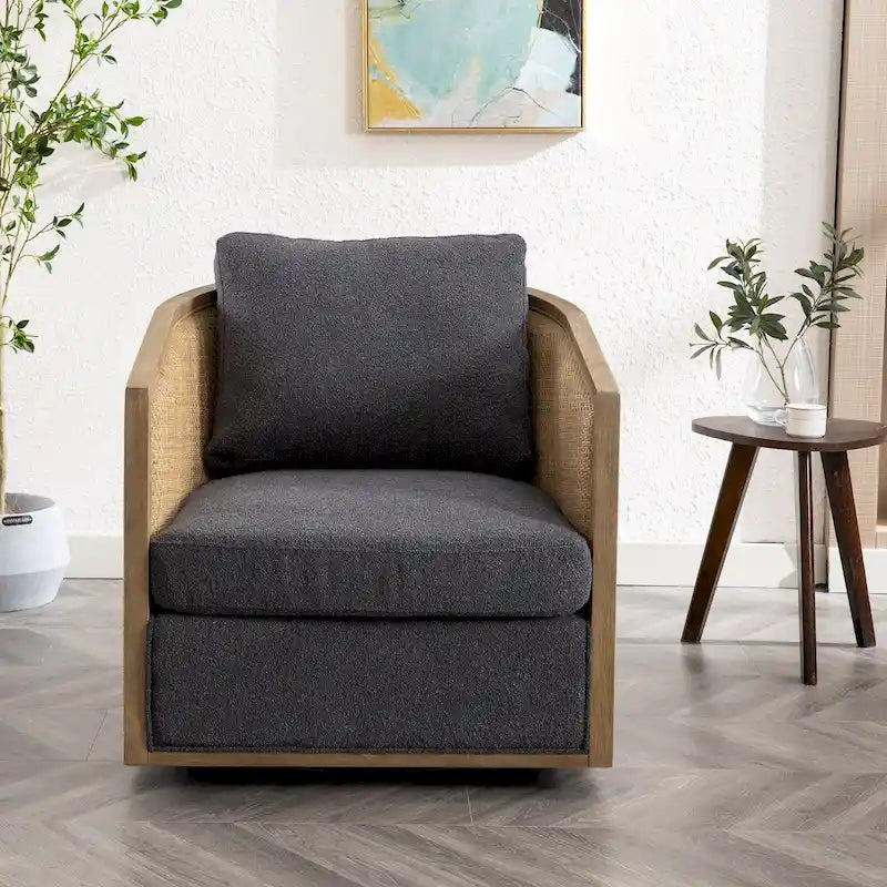 Fauteuil club rond pivotant à 360 degrés, revêtu de cuir bouclé/cuir