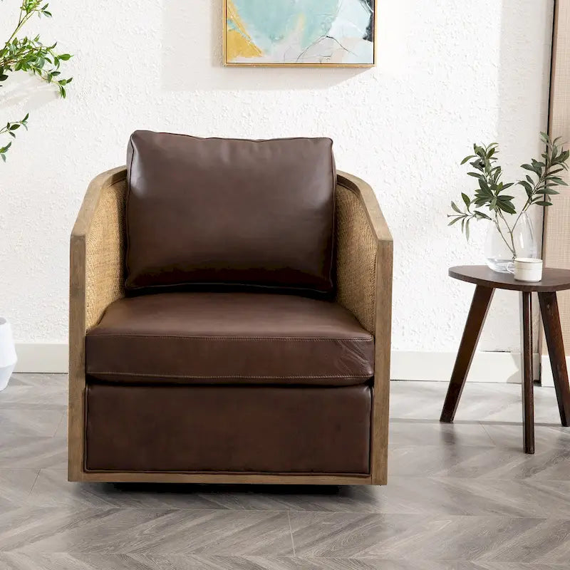 Fauteuil club rond pivotant à 360 degrés, revêtu de cuir bouclé/cuir