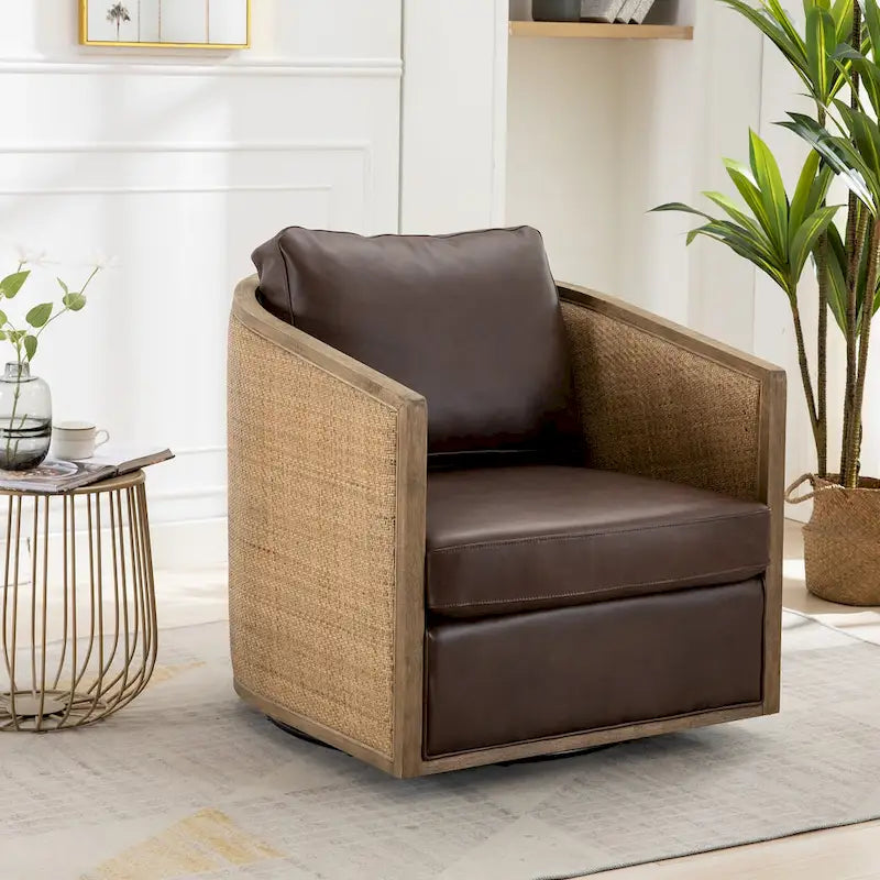 Fauteuil club rond pivotant à 360 degrés, revêtu de cuir bouclé/cuir