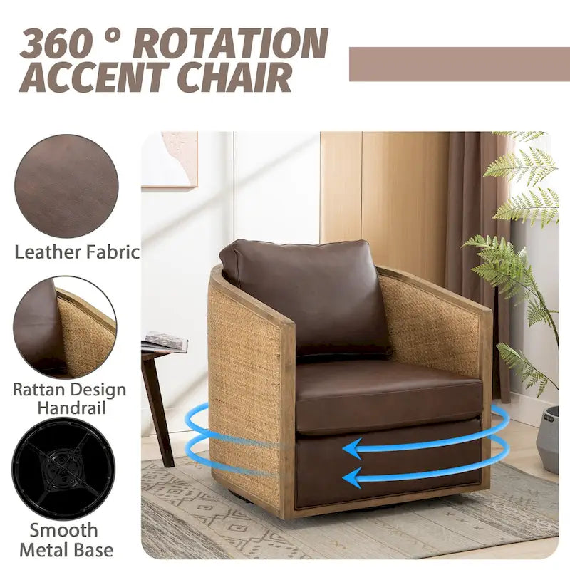 Fauteuil club rond pivotant à 360 degrés, revêtu de cuir bouclé/cuir