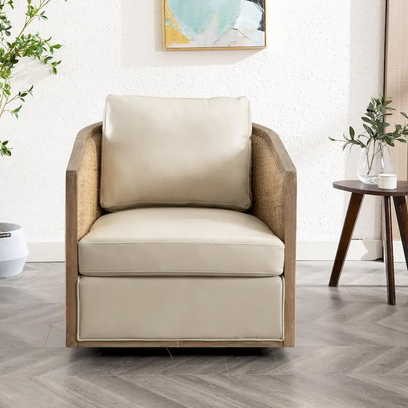 Fauteuil club rond pivotant à 360 degrés, revêtu de cuir bouclé/cuir