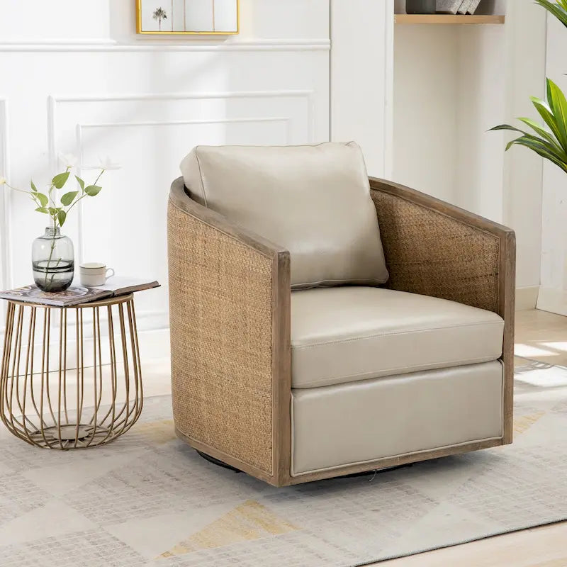 Fauteuil club rond pivotant à 360 degrés, revêtu de cuir bouclé/cuir