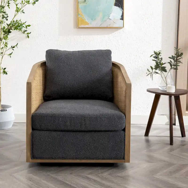 Fauteuil club rond pivotant à 360 degrés, revêtu de cuir bouclé/cuir