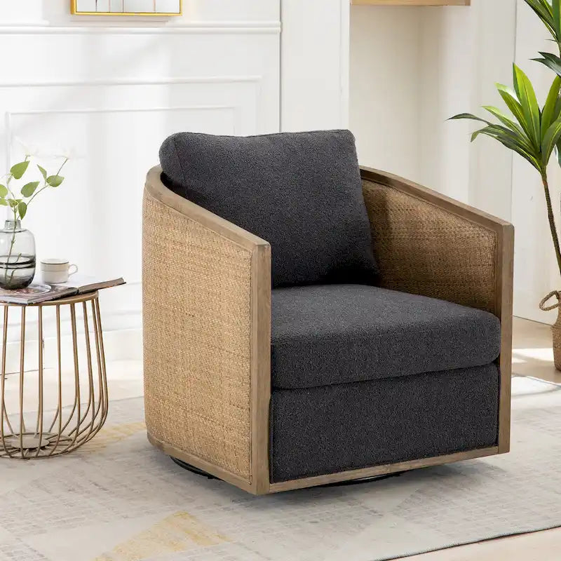Fauteuil club rond pivotant à 360 degrés, revêtu de cuir bouclé/cuir