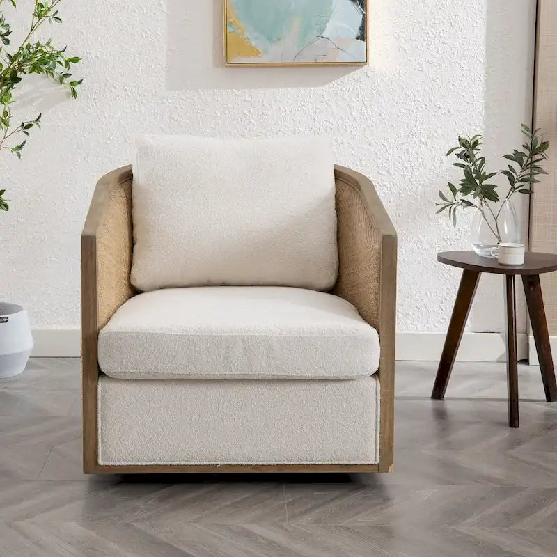 Fauteuil club rond pivotant à 360 degrés, revêtu de cuir bouclé/cuir