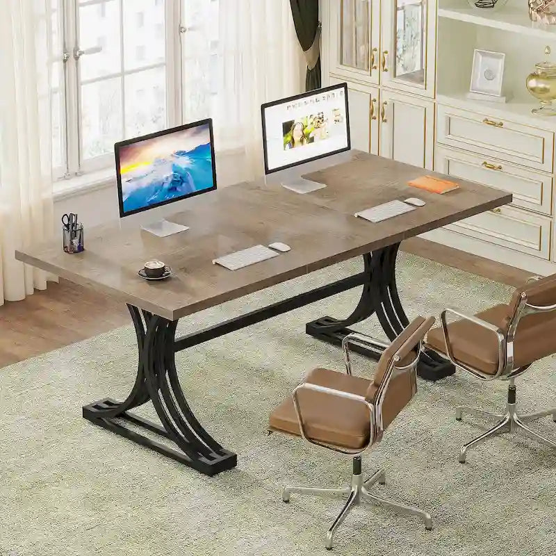 Bureau d'ordinateur moderne de direction avec pieds à tréteaux, grande table d'écriture pour bureau à domicile