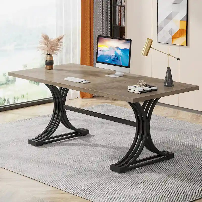 Bureau d'ordinateur moderne de direction avec pieds à tréteaux, grande table d'écriture pour bureau à domicile