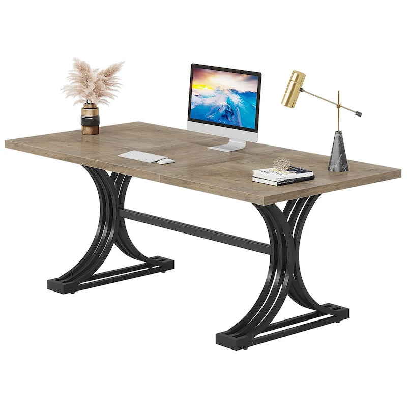 Bureau d'ordinateur moderne de direction avec pieds à tréteaux, grande table d'écriture pour bureau à domicile