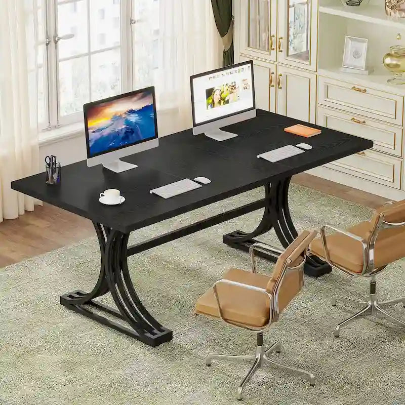 Bureau d'ordinateur moderne de direction avec pieds à tréteaux, grande table d'écriture pour bureau à domicile