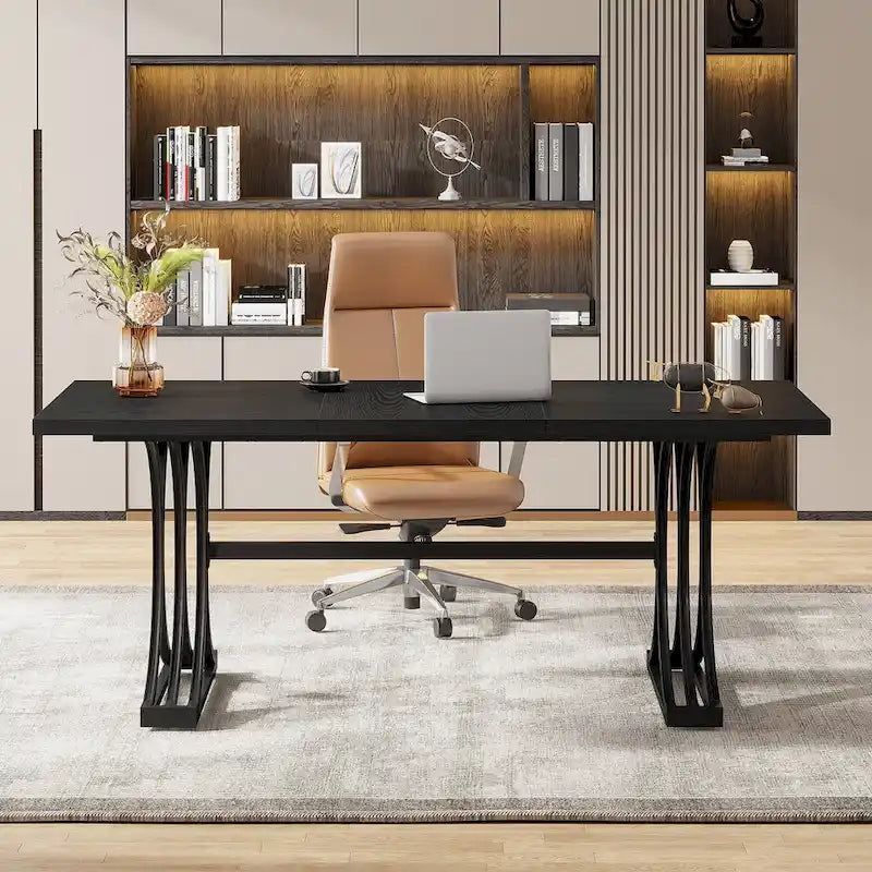 Bureau d'ordinateur moderne de direction avec pieds à tréteaux, grande table d'écriture pour bureau à domicile