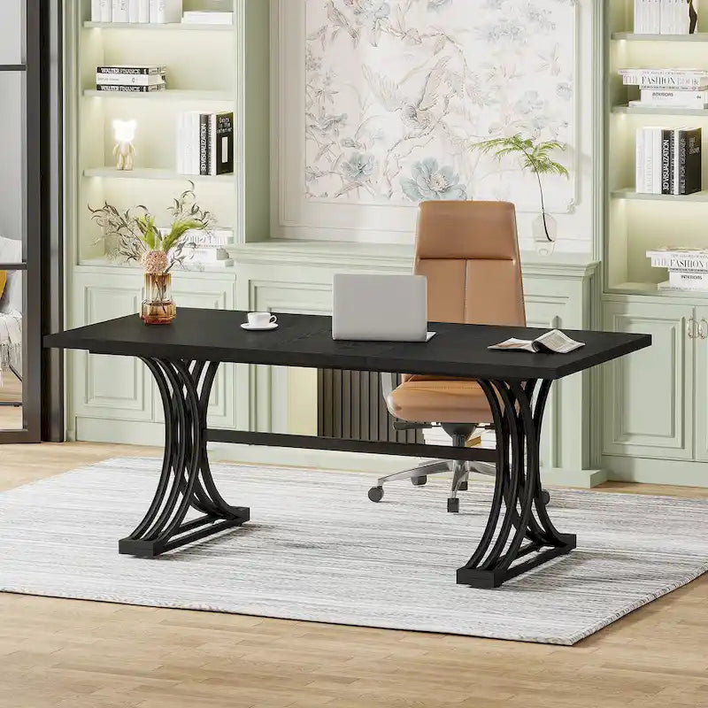 Bureau d'ordinateur moderne de direction avec pieds à tréteaux, grande table d'écriture pour bureau à domicile