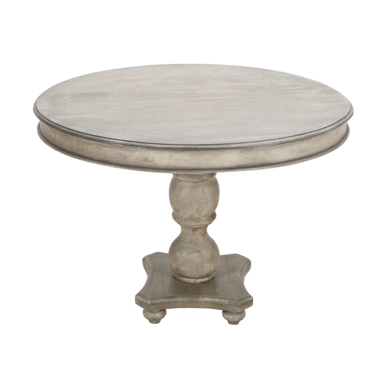 Table de salle à manger artisanale en bois de manguier de 107 cm (42 pouces), piètement central, plateau rond moulé, blanc délavé et gris.
