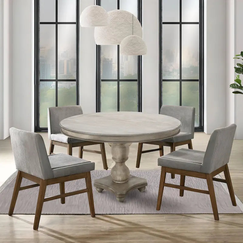 42 Inch Handcrafted Mango Wood Dining Table, Pedestal Base, Round Molded Top, Washed White, Gray